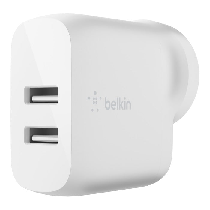 Belkin BoostCharge Dual USB-A Wall Charger 24W - White (WCB002auWH), 2xUSB-A (12W), Safe & Efficient, Apple iPhone, CEW $2500, 2 Years Warranty