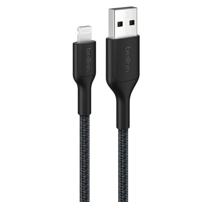 Belkin BoostCharge Pro Braided Lightning to USB-A Cable (2M) - Black (CAA020FQ2MBK), 2.4A/15W, 480Mbps, 350K Bends, MFI-Certified, 2 Years Warranty