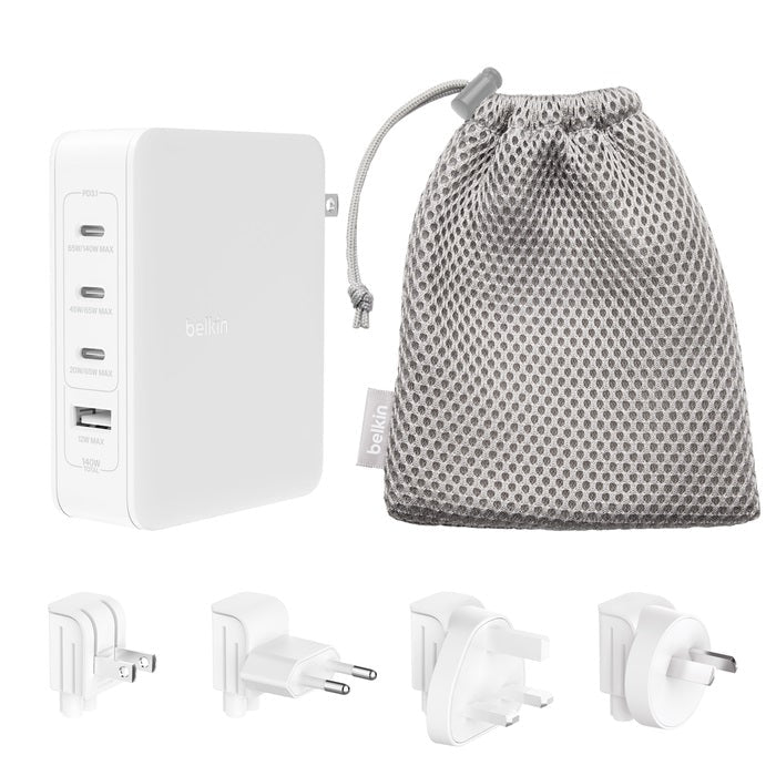 Belkin BoostCharge Pro 140W USB-C (PD 3.1) 4-Port GaN Wall Charger - White (WCH014BTWH-V3), 3x USB-C, 1xUSB-A, Travel-Ready, 2 Years Warranty