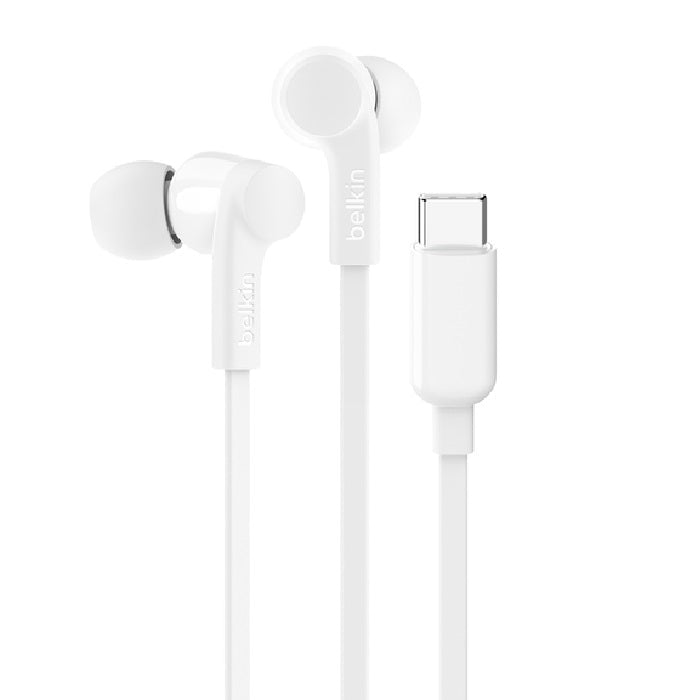 Belkin SoundForm USB-C Wired Earbuds - White (G3H0002FQWHV2), Adjustable Volume Limiter, IPX5-Rated, 10mm Drivers, Tangle-Free, 2 Years Warranty