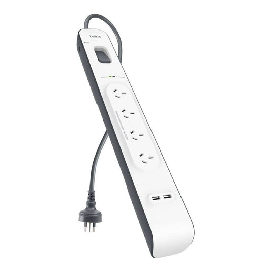 Belkin SurgePlus 4-Outlet 2-Meter Surge Protection Strip With Two (2.4) Amp USB Charging Ports - White (BSV401au2M), 2M Power Cord, 2 Years Warranty