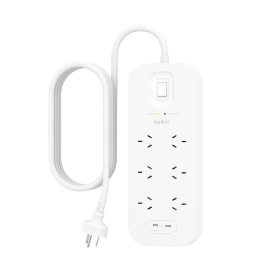 Belkin SurgePro 6-Outlet Surge Protector with Dual USB-C 30W Ports - White (SRB006AU2M), 2M Power Cord, 650 Joules Protection, CEW $50,000, 2 Years