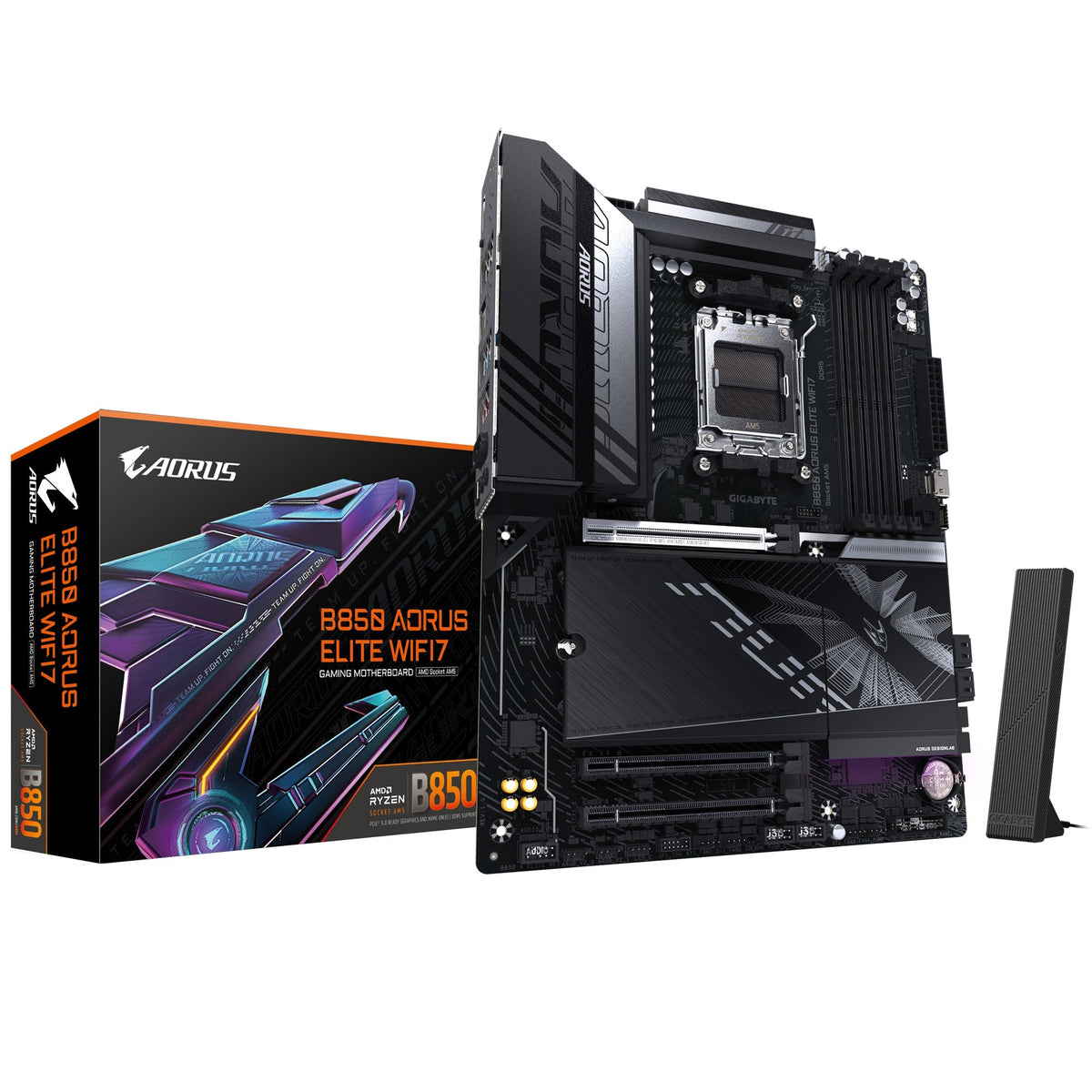 Gigabyte B850 A ELITE WF7 1.0, AMD AM5, 4 x DDR5 up to 256 GB, 1 x HDMI. 3x PCI Express x16, 3 x M.2, 4 x SATA, 9x USB 3.2
