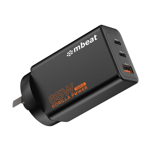 mbeat® Gorilla Power PD 65W GaN II USB-C Charger 50% smaller than the standard Supports a wide range of devices Product Weight: 109g