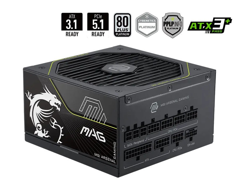 MSI A1000PLS MAG A1000PLS PCIE5, 1000W, 80 PLUS Platinum, Fully Modular, ATX, Native 12V-2x6 PCIe 5.1, 135mm FDB Fan, RTX 50