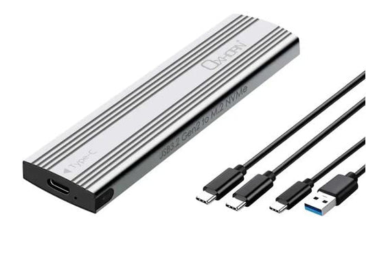 Oxhorn USB C 3.2 Gen 2 M.2 NVMe NGFF Enclosure 10 Gbps B+M Key M.2 NVMe SSD up to 4TB 2280/2260/2242/2230 Aluminum Macs Windows USB-A Silver 2 YR WTY