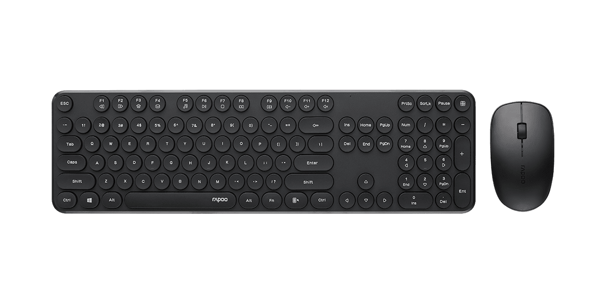 RAPOO Wireless Stylish, Spill-Resistant, Retro Style Round Key, 1000DPI, 2.4G Connection, 10M Range, Nano Receiver, Optical Mouse & Keyboard Black