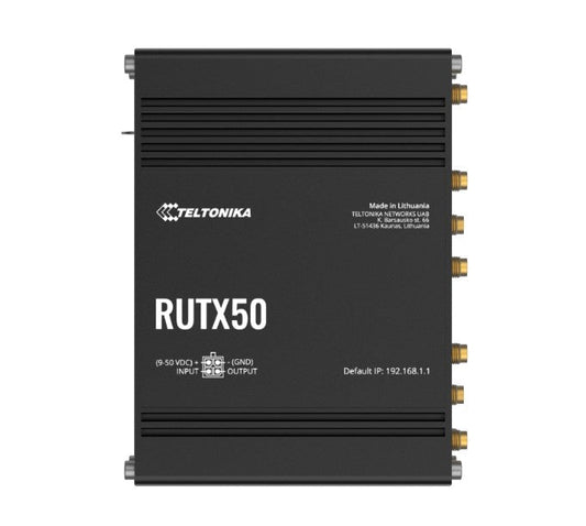 Teltonika RUTX50 Industrial 5G Router, 5G dual SIM cellular, 5 Gigabit Ethernet ports, dual-band WI-Fi, PSU included