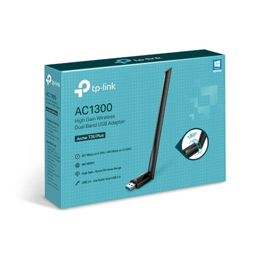 TP-Link Archer T3U Plus AC1300 High Gain Wi-Fi Dual Band USB Adapter,  867Mbps at 5GHz + 400Mbps at 2.4GHz, USB 3.0, 1xHigh Gain External Antenna, MU