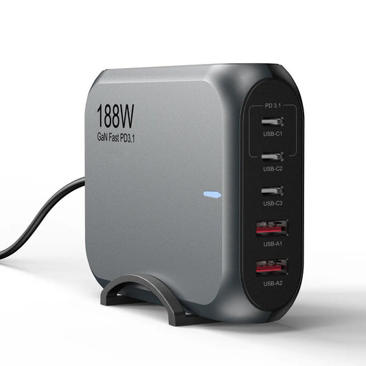USP 188W Five Ports USB-C PD GaN Wall Charger Black - 3x USB-C, 2x USB-A, Efficient, High Quality, Tablet, Laptop,Watch, iPhone, 2 Year Warranty