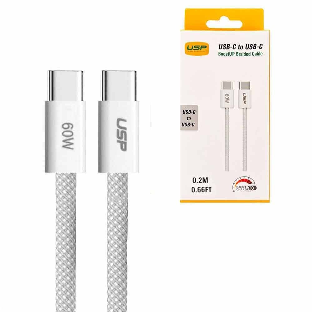 USP boostUp Braided USB-C to USB-C Cable (0.2M) - White, 3A/60W, 480Mbps, 40K+ Bends, Solid & Durable, Safe & Fast, Apple iPhone, Samsung Galaxy