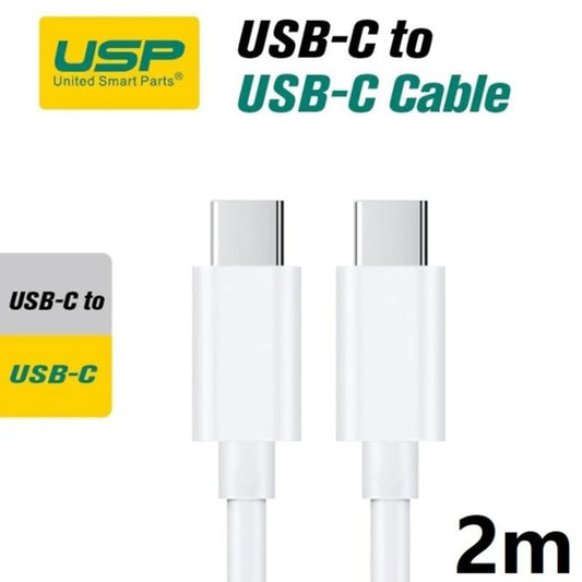 USP USB-C to USB-C Mini Cable (2M) - White, 3A (60W), Fast Charge, High Performance, Samsung Galaxy,Apple iPhone,iPad,MacBook,Google, 2 Years Warranty
