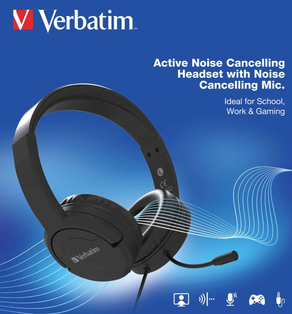 Verbatim Verbatim Multimedia Headset with ANC & Noise Cancelling Boom Mic - Black 66706